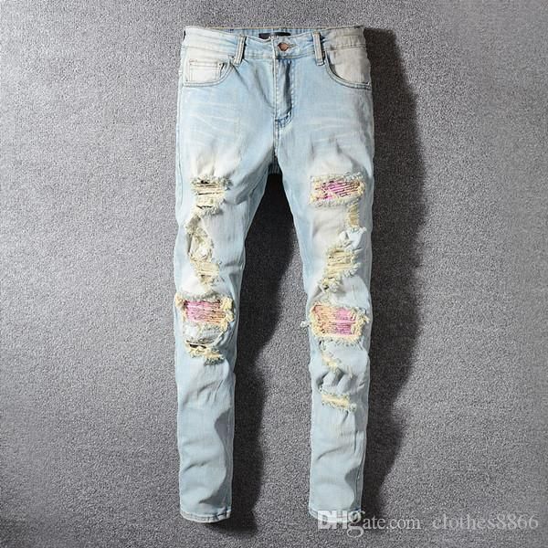

mens jeans hip hop pants stylist jeans distressed ripped biker jean slim fit motorcycle straight denim men jeans mens pants, Blue