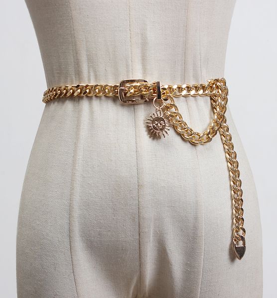 

women gold chain belt fashion 2020 designer sun buckle ladies streetwear pants waist t200427, Black;brown