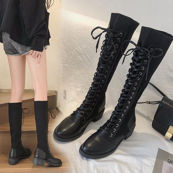 

boots shofort long tube womens spring fashion 2021 knee-high patchwork motorcycle lace-up heighten med-heeled shoes, Black