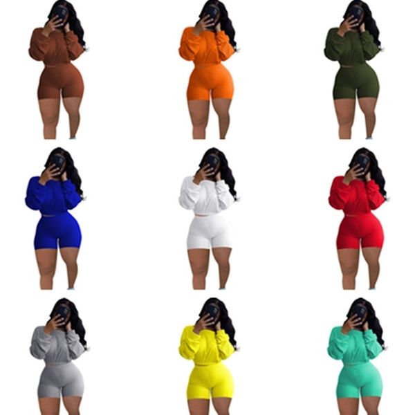 

2021 spring womens ribbed shorts set solid 2 piece tracksuit outfits casual sport suit long sleeve pullover hoodie and shorts clothes h2204, White