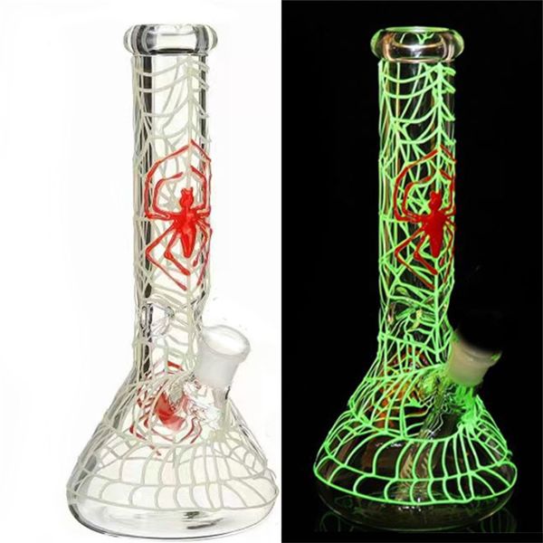 Atacado Glow In The Dark Beaker Bong 10 polegadas em forma de aranha Bongs de água de vidro Downstem 14mm masculino Bowl Dab Rig Oil Rig