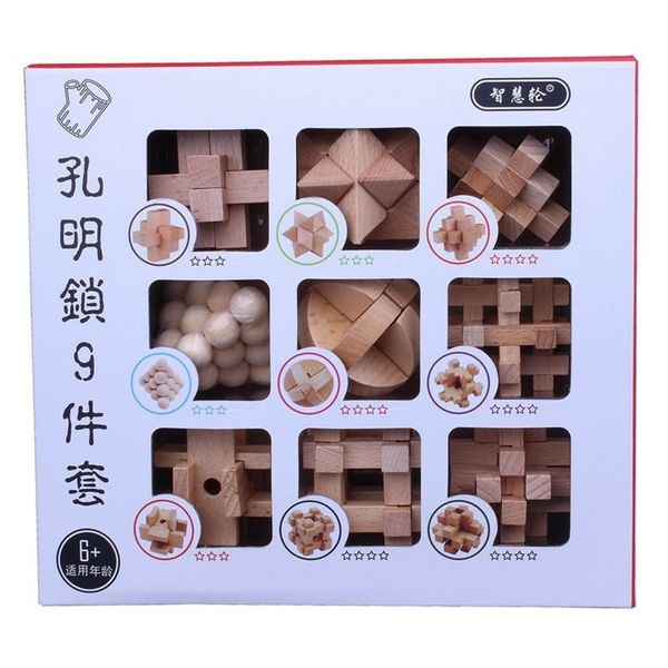 

new 9pcs/set 3d wooden puzzle wire iq mind brain teaser puzzle kids game toys for children adults baby montessori toys y200413