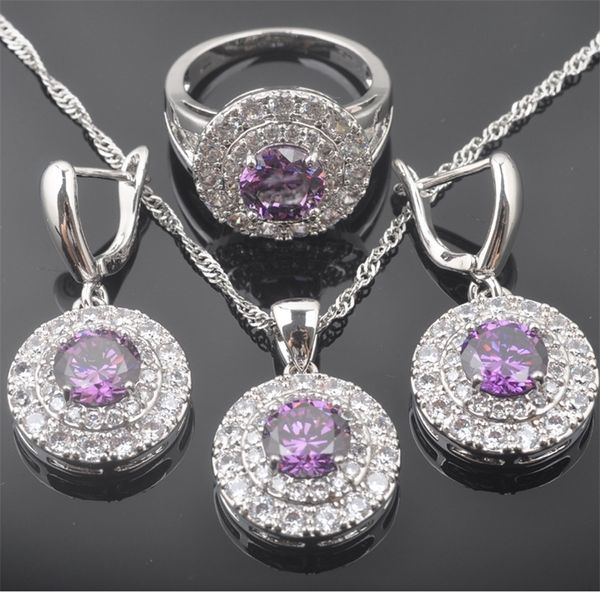 

russian style sets natural purple crystals pendants necklace earring ring bracelet for women luxury party jewelry 201222, Slivery;crystal