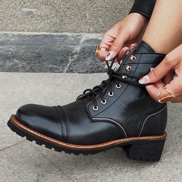 

boots ankle for women genuine leather shoes flat casual booties woman 2021 autumn winter lace up plus size ladies, Black