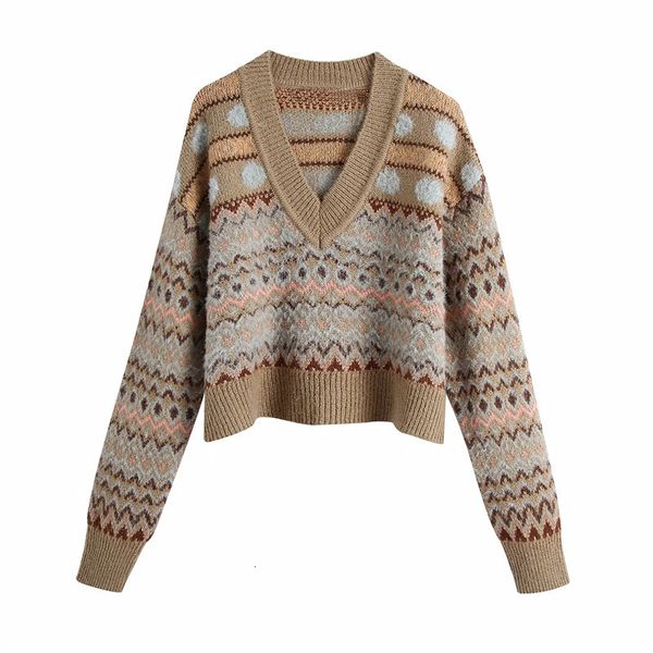 

2021 new women sweaters autumn winter vintage jacquard ribbed v neck long sleeve cropped knitted sweater woman jerseys pullovers xo5x, White;black