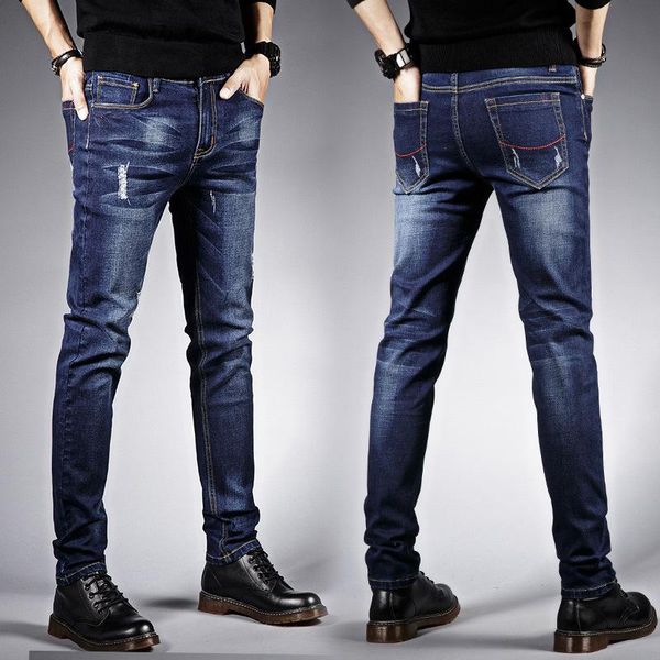 

fashionable men's jeans pants stretch navy skinny jeans for men casual slim for men korean trouser, Blue