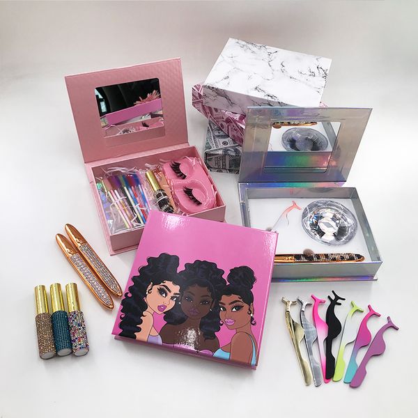 

dramatic lashes book with eyeliner pen lashes glue tweezers and brushes custom private logo pretty lash case with mirror