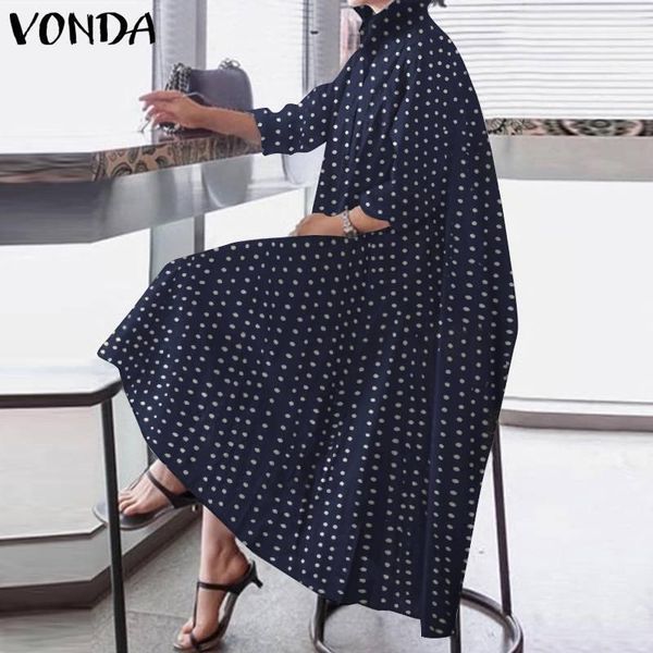 

casual dresses vonda bohemian dress 2021 autumn long sleeve polka dot stylish maxi party vestidos lapel shirt dresses1, Black;gray
