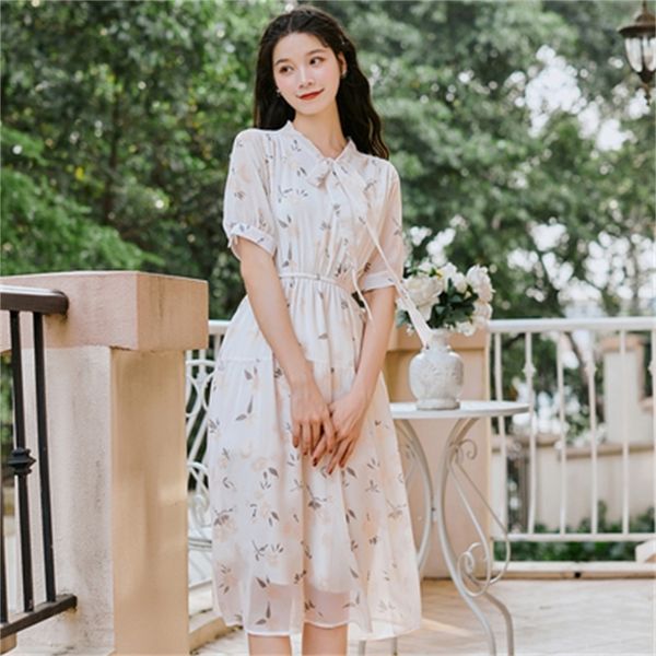 

2021 new mori sweet girl new floral summer impression long chiffon dress short female sleeve dresses plied korean fashion 7r47, Black;gray