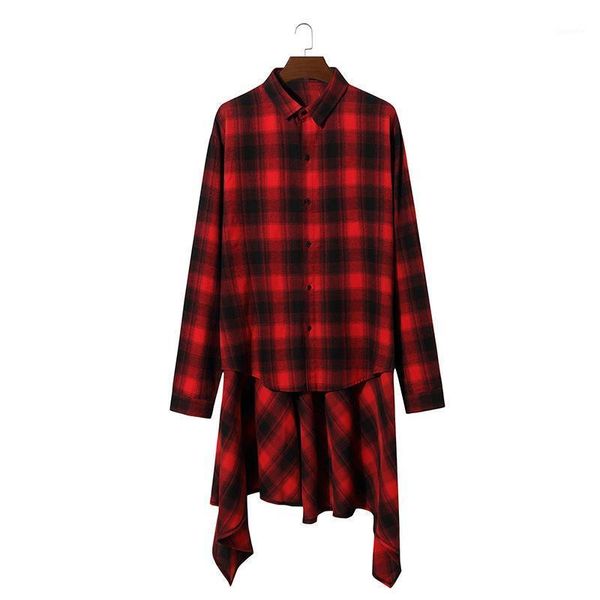 

spring and autumn new fashion casual men's patchwork color plaid medium long loose hip-hop long sleeve men's shirts1, White;black