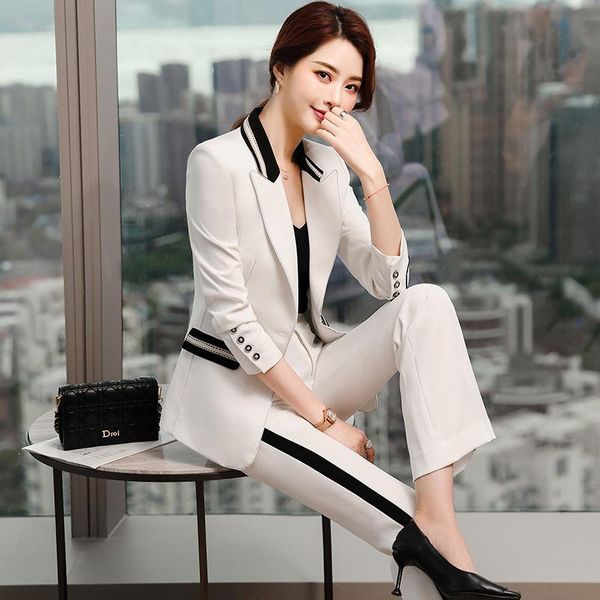 

plus size women's high-quality professional wear temperament fashion ladies pants suits long sleeve ladies jacket slim trousers, White