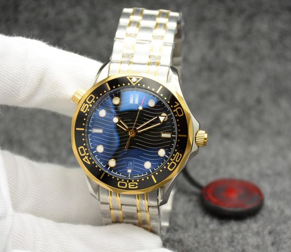 

42mm automatic outdoor mens watches watch gold case blue dial with black rotatable bezel dot hour markers and transparent case back, Slivery;brown