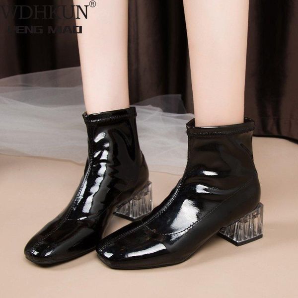 

classic black white ankle boots for women block low heel short boots lady patent leather shoes woman autumn spring large size 39