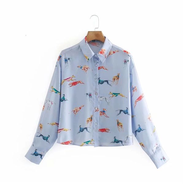 

2021 new animal printed cropped satin blouse women autumn collared long sleeve button up shirt ladies fashion loose casual 2xtr, White