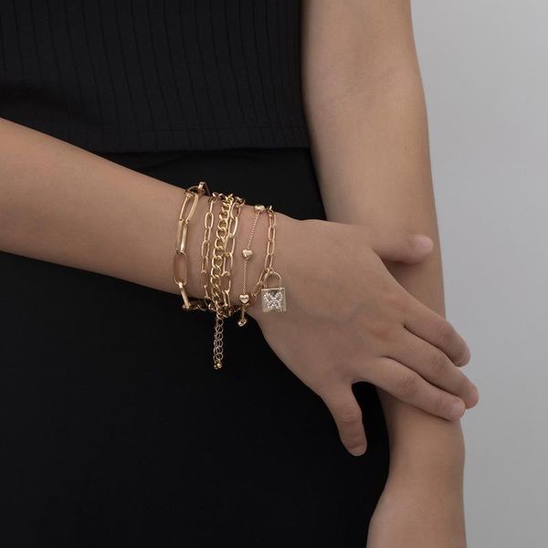 

charm bracelets 6pcs/set gothic crystal butterfly lock for women girls cuban chains heart bracelet bangles punk men jewelry, Golden;silver