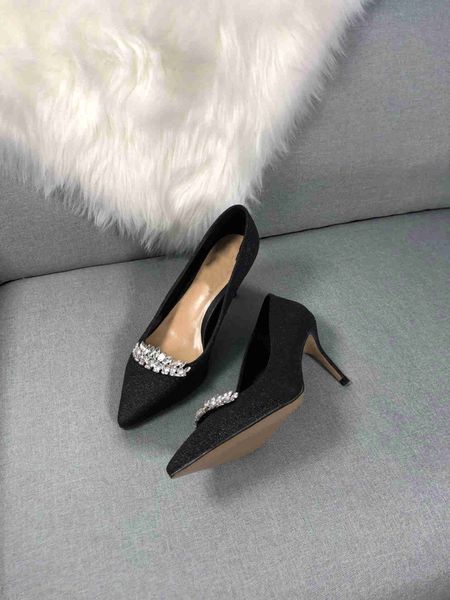 

new pointed shallow mouth single shoes women's rhinestone high heels, Black