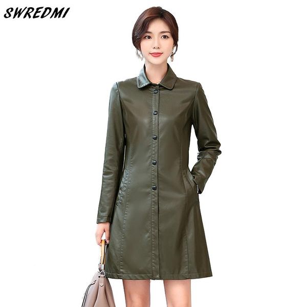 

swredmi long leather trench women fashion army green female jacket clothing outwear single breasted plus size s-3xl leather coat, Black