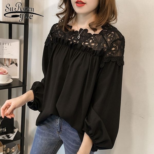 

fashion chiffon blouse shirt long sleeve loose plus size women hollow lace women's clothing blusas d84 30 y200828, White