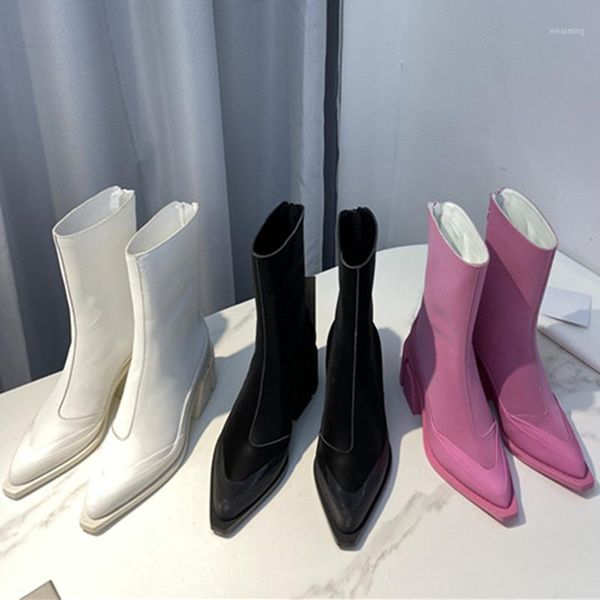 

boots winter woman pointed solid zapatos de mujer zipper shoes women square heel fashion comfortable 2021 1, Black