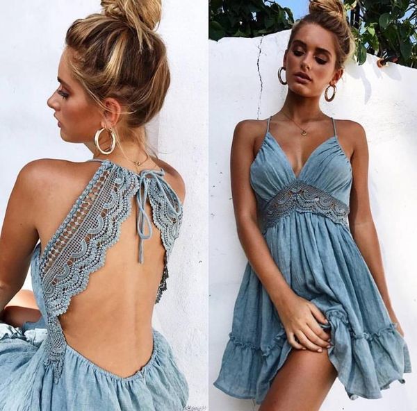 

women lace halter sling waist party dress elegant bohemian summer beach sundress halter dress with lace waist1, Black;gray