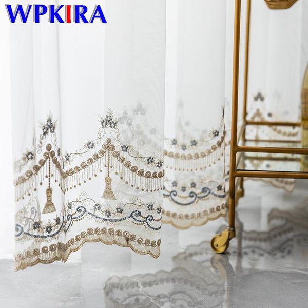 

luxury blue floral embroidered tulle curtains transparent gold lace voile curtain white organza for living room rideau x-zh453d3