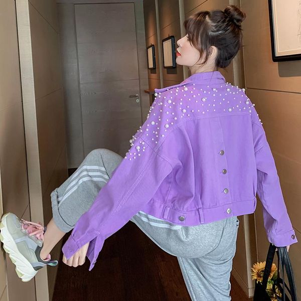 

beaded purple spring and autumn plus size coats women clothing 2020 korean loose turn-down collar vintage denim jackets, Black;brown