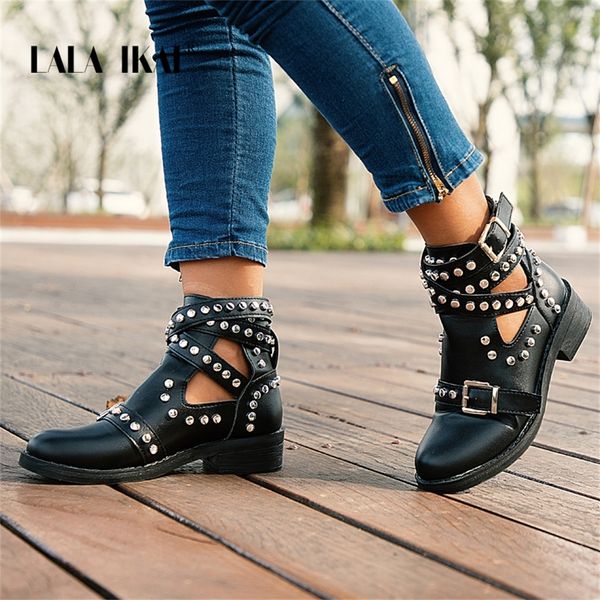 

lala ikai women black ankle boots buckle strap rivet shoes female pu leather motorcycle boots autumn punk boots xwa5139-4 y200723