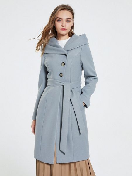 

miegofce hooded slant pocket belted overcoat 68ab#, Black