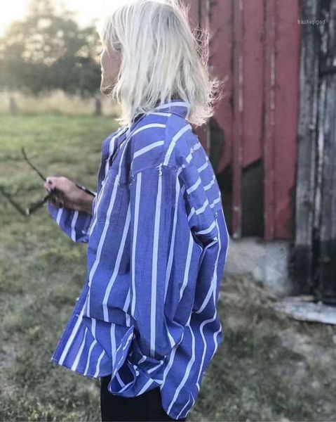 

2020 blue white striped shirt drop shoulder long sleeves classic cuffs oversized woman blouse