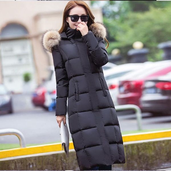 

women grey/black new autumn winter natural fur collar long thick down coats lady white duck down jacket hat coats female jackets1