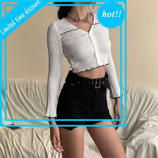

women slim reef summer long mouw buttons vest 2021 casual ruches t-shirts white