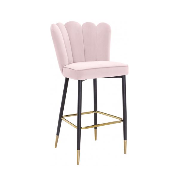

modern vintage luxury design industrial green blue velvet metal leg upholstered counter scalloped shaped high bar stool chair