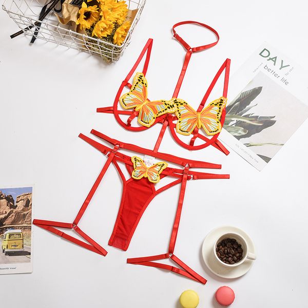 

3pieces underwear set women's butterfly lingerie strap hanging neck bra high waist panty and thong garters suit, Black;white