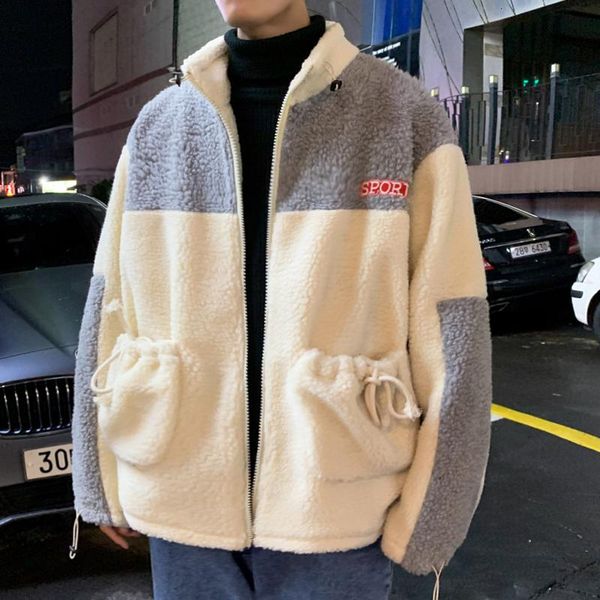 

uyukwinter new art leisure loose stand collar sports stitching contrast color lamb hair plus size velvet thick men's jackets, Black;brown