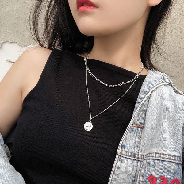 

pendant necklaces harajuku stainless steel multi layer necklace women cuban chain statement coin choker kpop fashion jewellery 2021, Silver