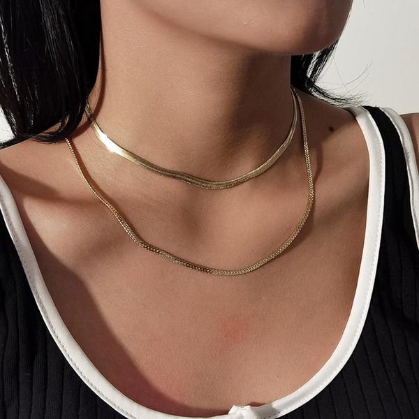 

chokers 2 pcs/set multilayered snake link chain choker necklace for women vintage metal simple clavicle jewlery gift, Golden;silver