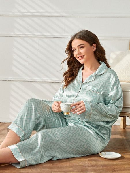 

plus jacquard drop shoulder contrast piping satin pj set c0xw#, Black;white