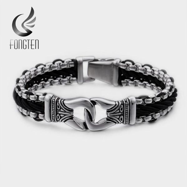 

fongten punk stainless steel bracelet chain link vintage braided cuff leather bracelets gift men fashion jewelry1, Golden;silver