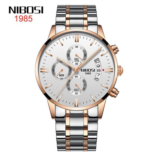 

20 style nibosi button solid steel band men's white dail two tone rose gold watch waterproof coated glass luminous three-eye quartz wat, Slivery;brown