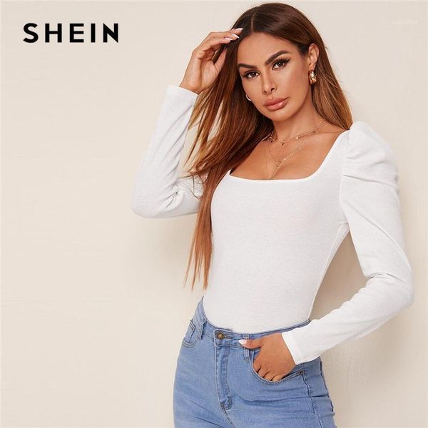

shein white square neck leg-of-mutton sleeve women autumn slim fitted t shirt long sleeve ladies solid elegant 1