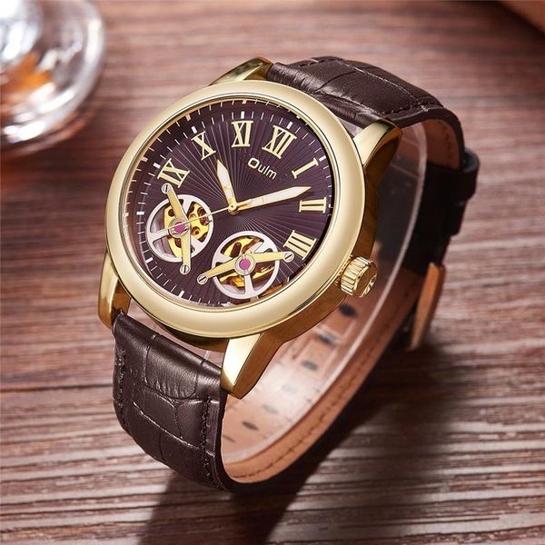

oulm business watch automatic self-wind подлинная кожаный ремешок часы мужчины золотой silver case мужской механические наручные часы, Slivery;brown