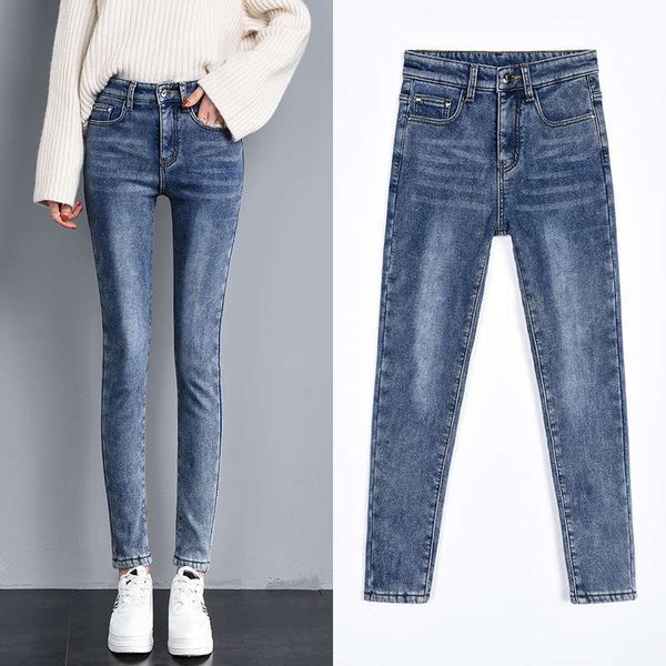 

12020 plush jeans women's high waist winter new style small foot thickening elastic slim skinny pencil pants, Blue