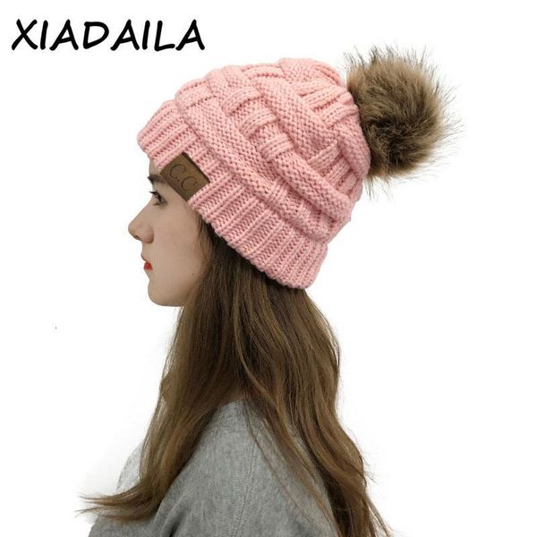 

winter hats for women pompom beanie horsetail caps cross criss hat girls warm knitted thick outdoor ski cap2020 new, Blue;gray
