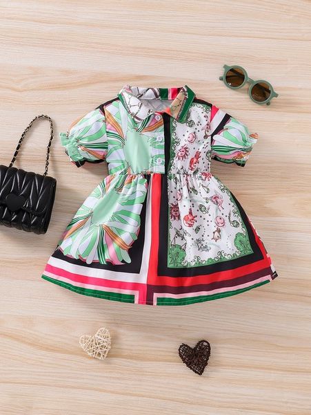 

baby sun & chain print puff sleeve half button shirt dress she, Red;yellow