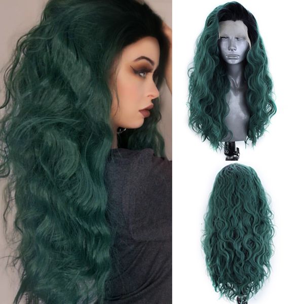 

charisma long wavy wig ombre green synthetic lace front wig with black roots cosplay wigs for women, Black;brown