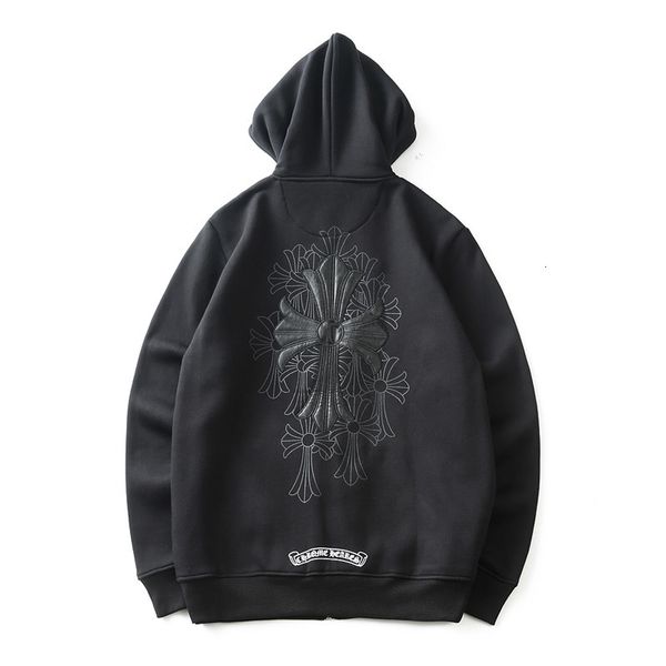 

winter crosin hooded cardigan sweater men's and women's loose sanskrit cross pu leather embroidery plush coat, Black;brown