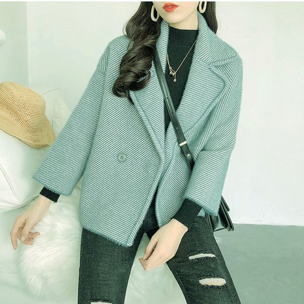 

new striped mode imitation mink short jacket thickened autumn lapel mend wide cardigan woman sweater rbhc, White;black