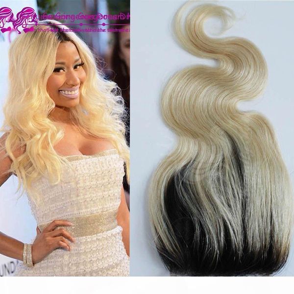 

ombre #613 human hair closure bleached knots 4*4inches size unprocessed human hair blonde color lace closure body wave, Black;brown