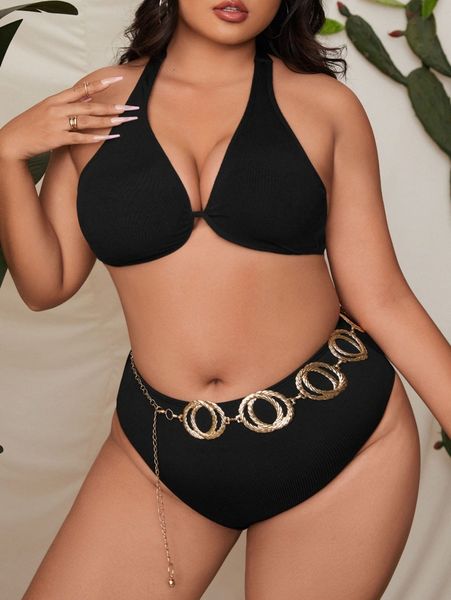

plus solid underwire bikini swimsuit x59n#, Black