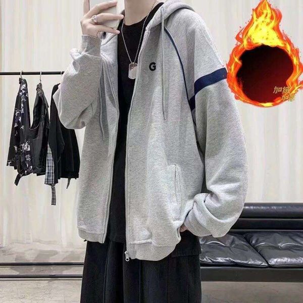 

korean sports casual coat men's autumn versatile loose plush cardigan hooded sweater, Gray